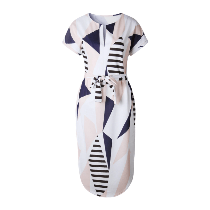 Trendy asymmetrical women's midi dress with print and waistbelt – Elira-S-Nora Luxe