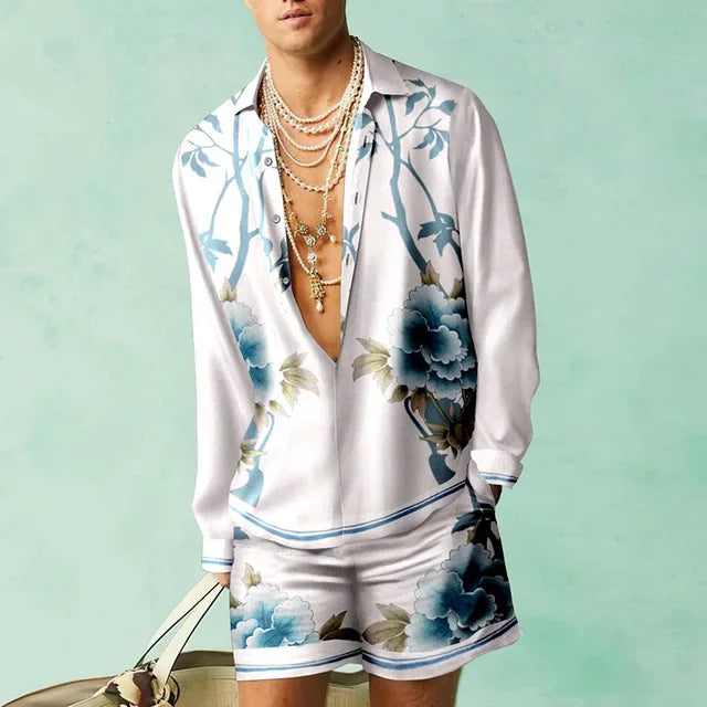 Trendy Hawaiian set with a silk look for men – Fabio-Blue/White-S-Nora Luxe