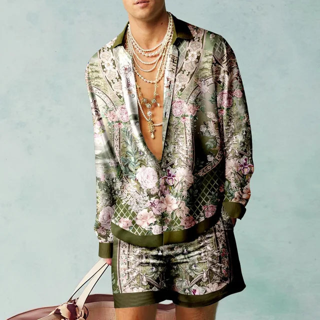 Trendy Hawaiian set with a silk look for men – Fabio-Light blue/Green-S-Nora Luxe
