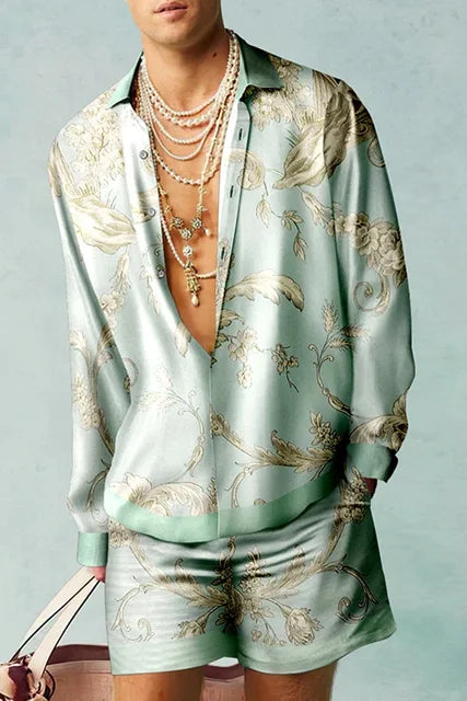 Trendy Hawaiian set with a silk look for men – Fabio-Light blue/Green-S-Nora Luxe