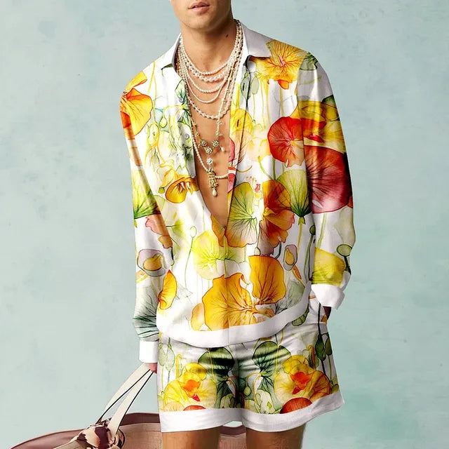 Trendy Hawaiian set with a silk look for men – Fabio-Yellow/White-S-Nora Luxe