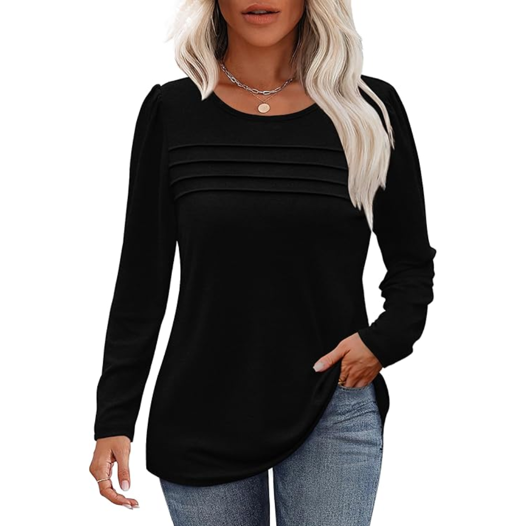 Trendy Pleated Long Sleeve Tunic Top - Sarah-Black-M-Nora Luxe