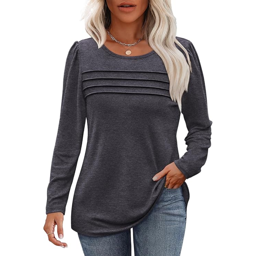 Trendy Pleated Long Sleeve Tunic Top - Sarah-Gray-M-Nora Luxe