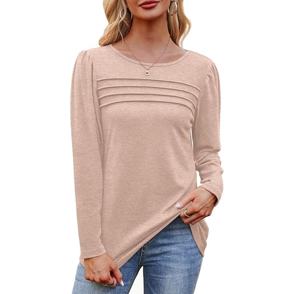 Trendy Pleated Long Sleeve Tunic Top - Sarah-White-M-Nora Luxe
