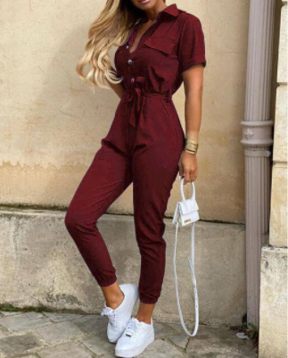 Trendy retro jumpsuit with button placket – Velia-Wine red-S-Nora Luxe