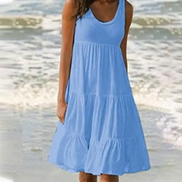 Trendy sleeveless mini dress with round neckline – Amelie-Blue-S-The Livary
