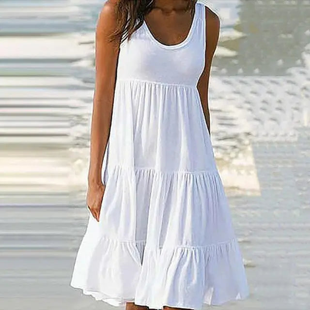 Trendy sleeveless mini dress with round neckline – Amelie-White-S-The Livary