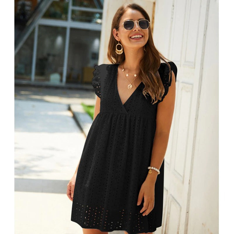 Trendy summer mini dress with ruffled sleeves – Elina-Black-XS-Nora Luxe