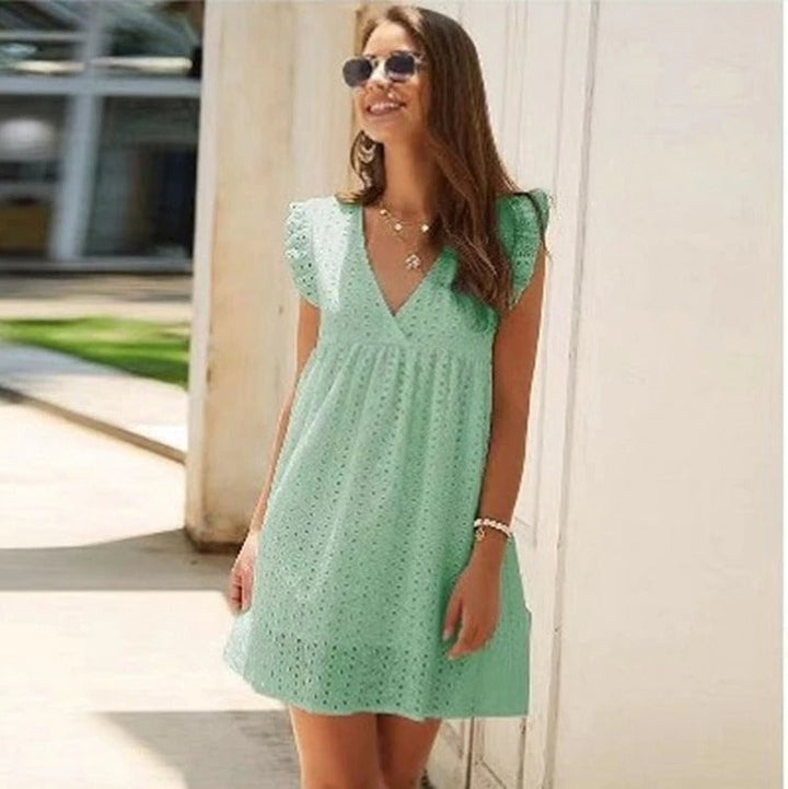 Trendy summer mini dress with ruffled sleeves – Elina-Light green-XS-Nora Luxe
