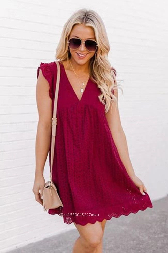 Trendy summer mini dress with ruffled sleeves – Elina-Maroon-XS-Nora Luxe