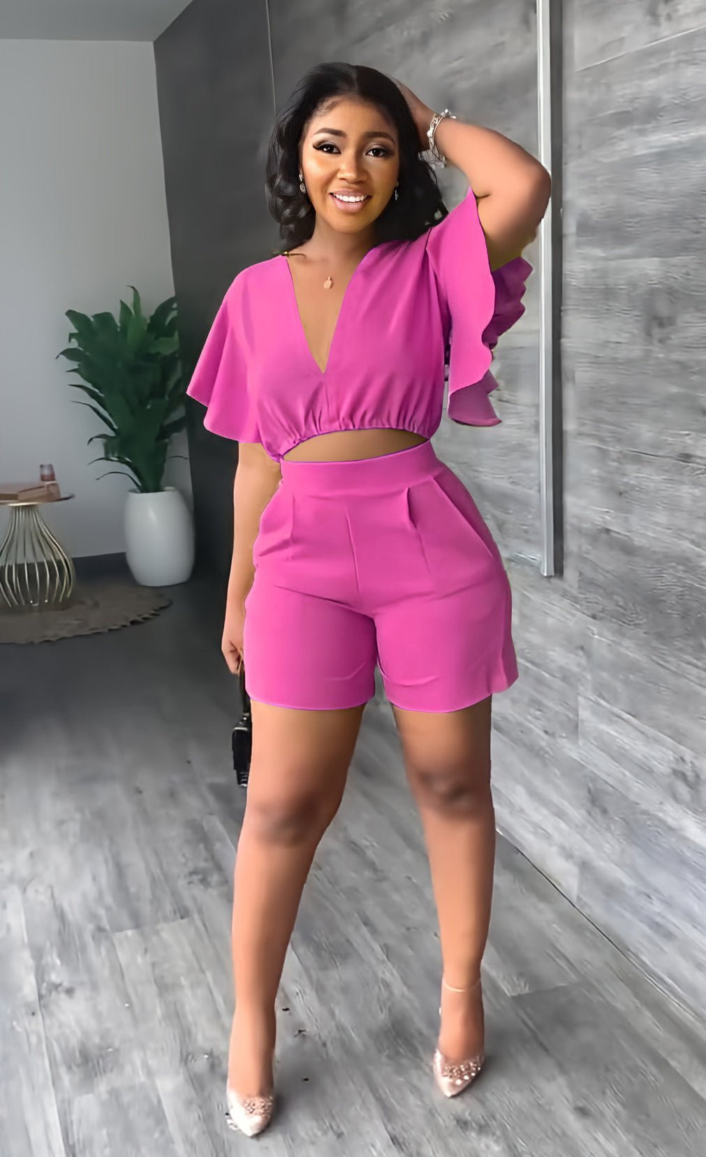 Trendy summer two-piece set with pleated design – Marlene-Rose pink-S-Nora Luxe