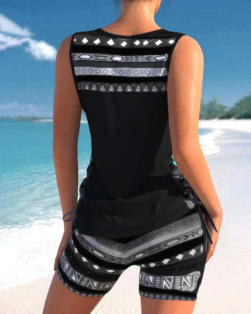 Trendy swimwear with V-neck and geometric pattern – Tankini set Madonna-Gray-S-The Livary