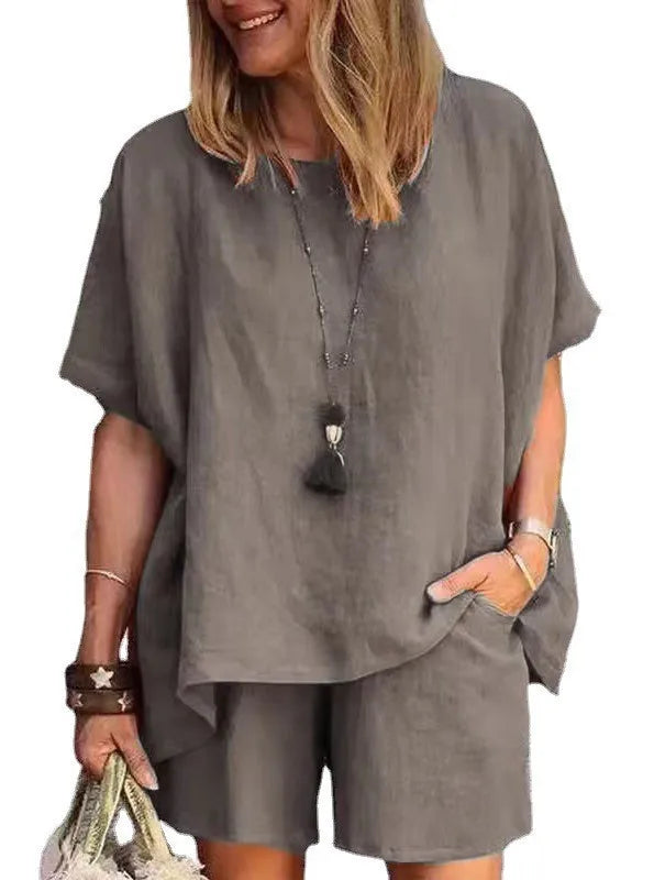 Trendy Two-Piece Linen Summer Set with Shorts for Women – Nayla-Gray-S-Nora Luxe