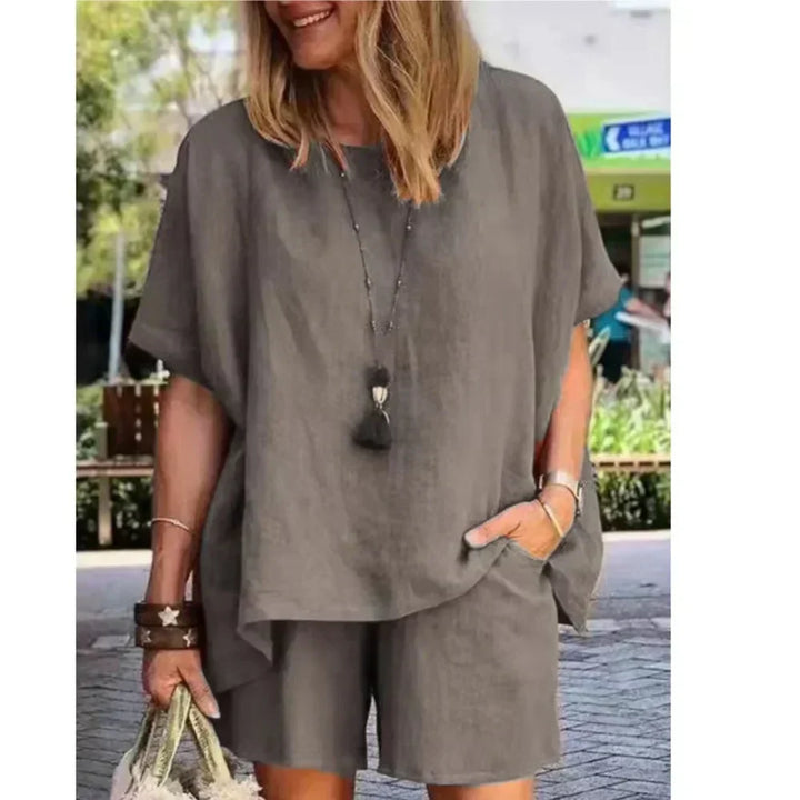 Trendy Two-Piece Linen Summer Set with Shorts for Women – Nayla-Gray-S-Nora Luxe