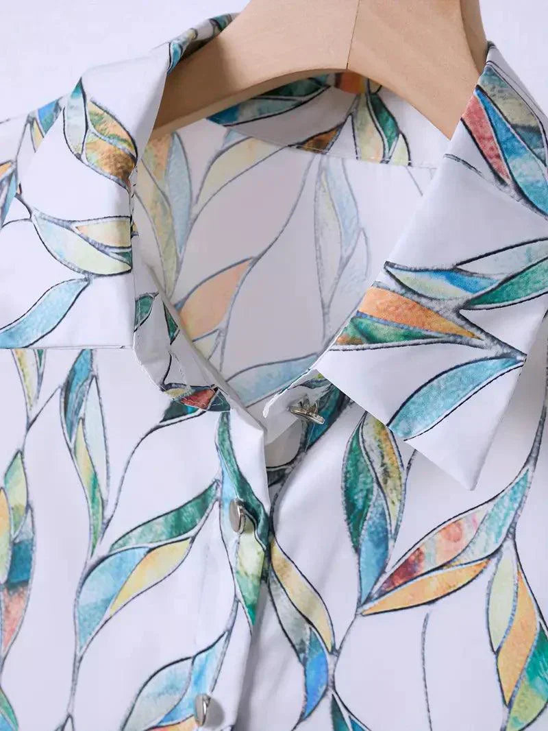 Trendy women's blouse with abstract pattern and button placket – Marlene-White-XS-Nora Luxe