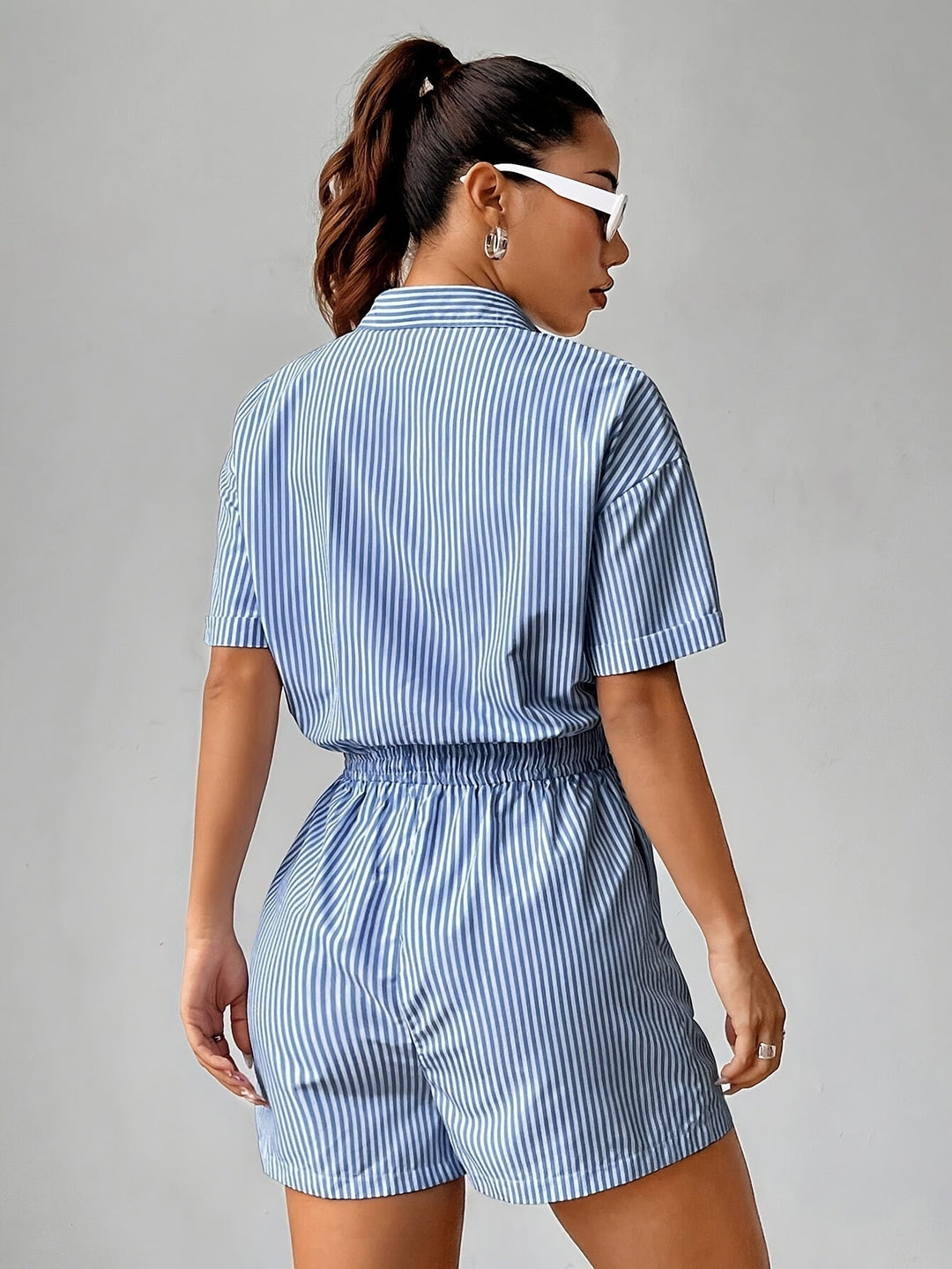 Trendy women's jumpsuit with short sleeves for summer - StripeFresh-S-The Livary