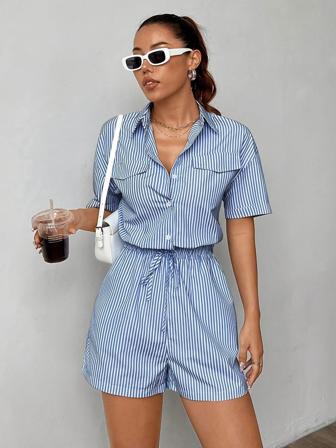 Trendy women's jumpsuit with short sleeves for summer - StripeFresh-S-The Livary