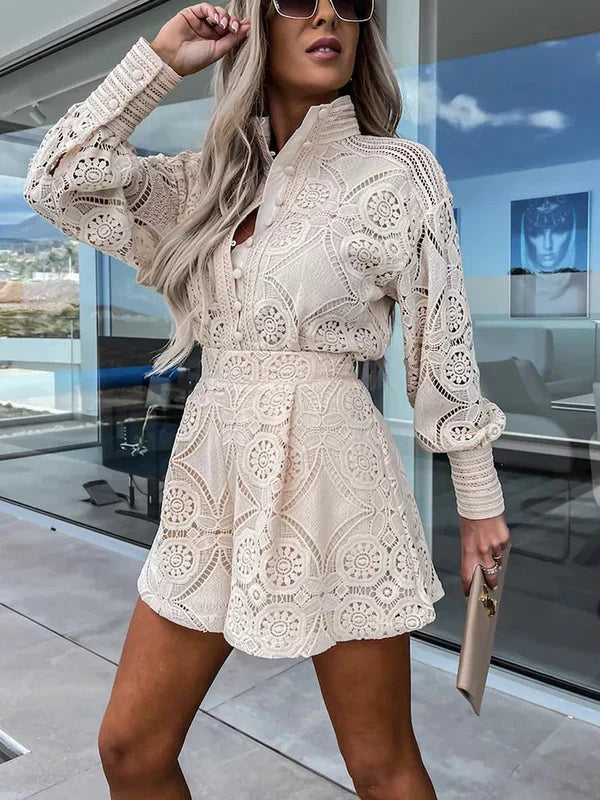 Two-piece lace set for women for summer – Mira-Khaki-S-Nora Luxe