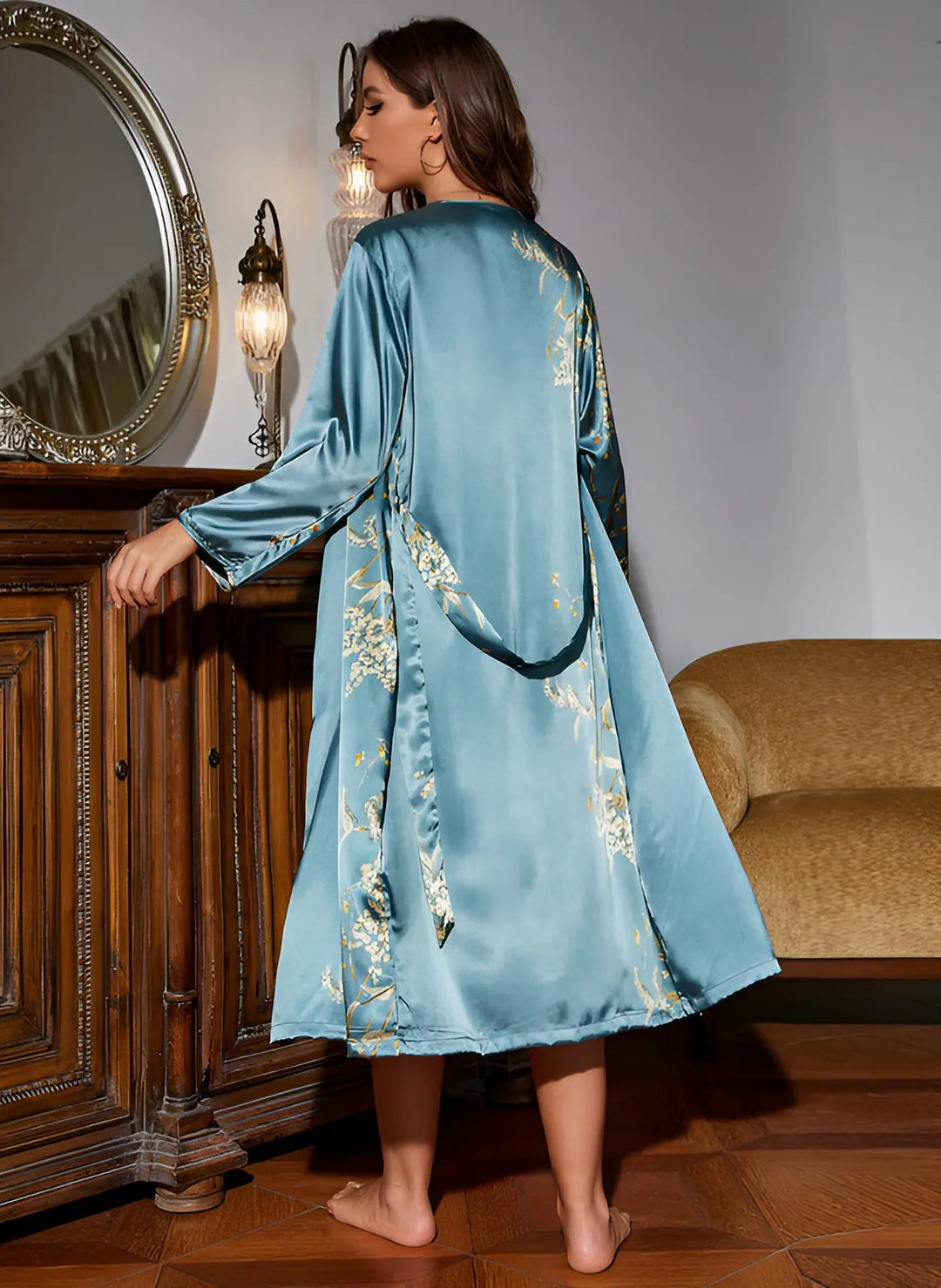 Two-piece satin dress-kimono set for women – Livia-Green-S-Nora Luxe