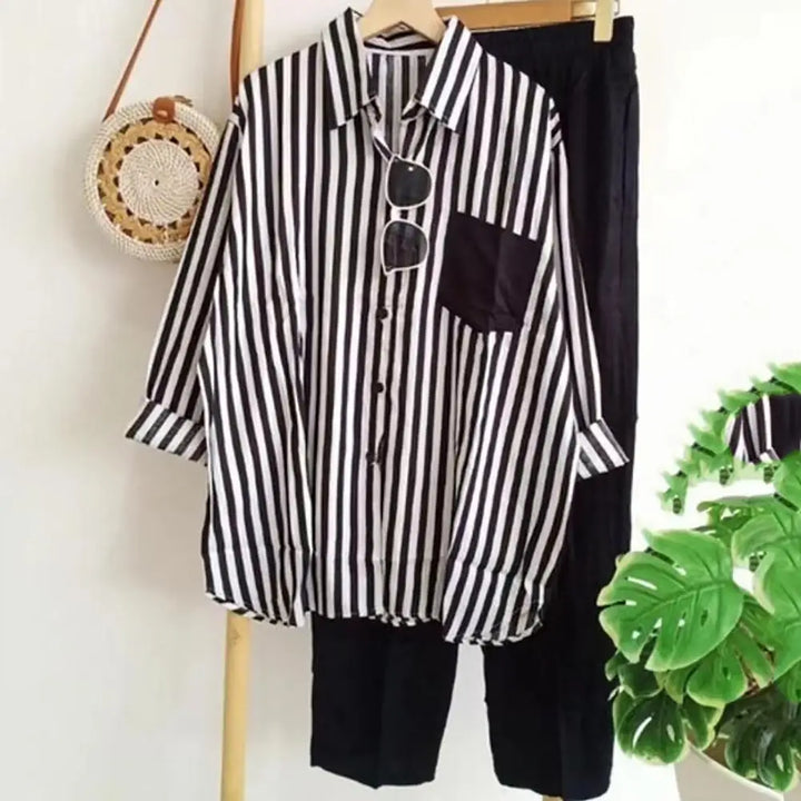 Two-piece summer set made of linen Loose shirt & Wide trousers - Zayenne-Black-S-Nora Luxe