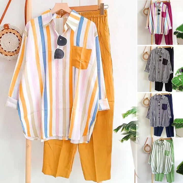 Two-piece summer set made of linen Loose shirt & Wide trousers - Zayenne-Rose pink-S-Nora Luxe