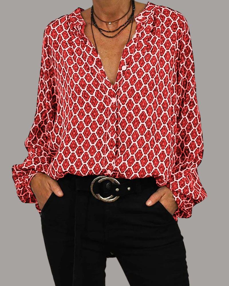 V-Neck Blouse with Long Sleeves - Elena-Red-XS-Nora Luxe
