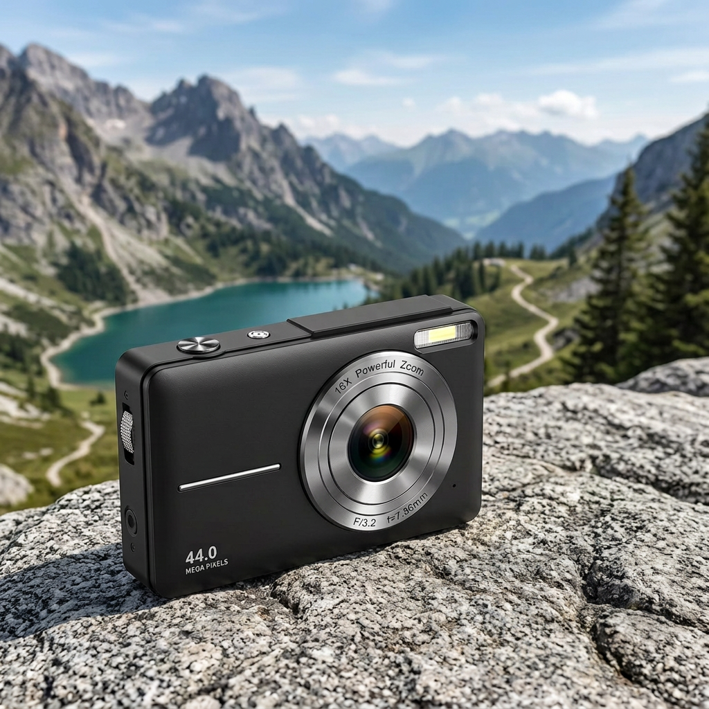 Black compact digital camera resting on a granite rock, with an alpine lake and mountains behind 1