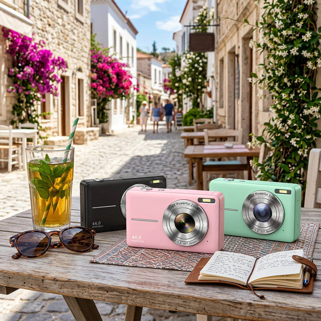 Black, pink and mint compact cameras on a rustic outdoor cafe table with sunglasses, iced tea and a journal 1