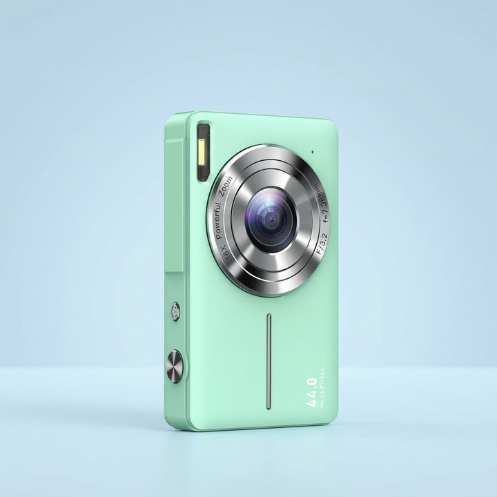 Mint green compact camera standing upright on a light blue background, showing lens and side buttons 13