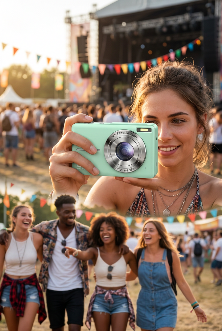 Smiling woman raises a mint green compact camera at a music festival, friends laughing below 1