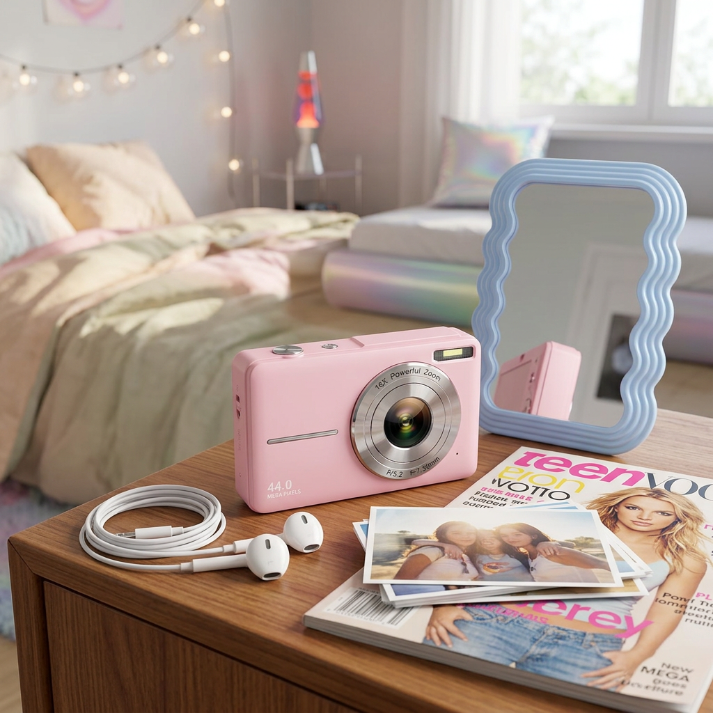 Pink compact camera on a nightstand beside earbuds, printed snapshots, a magazine and a wavy blue mirror 1