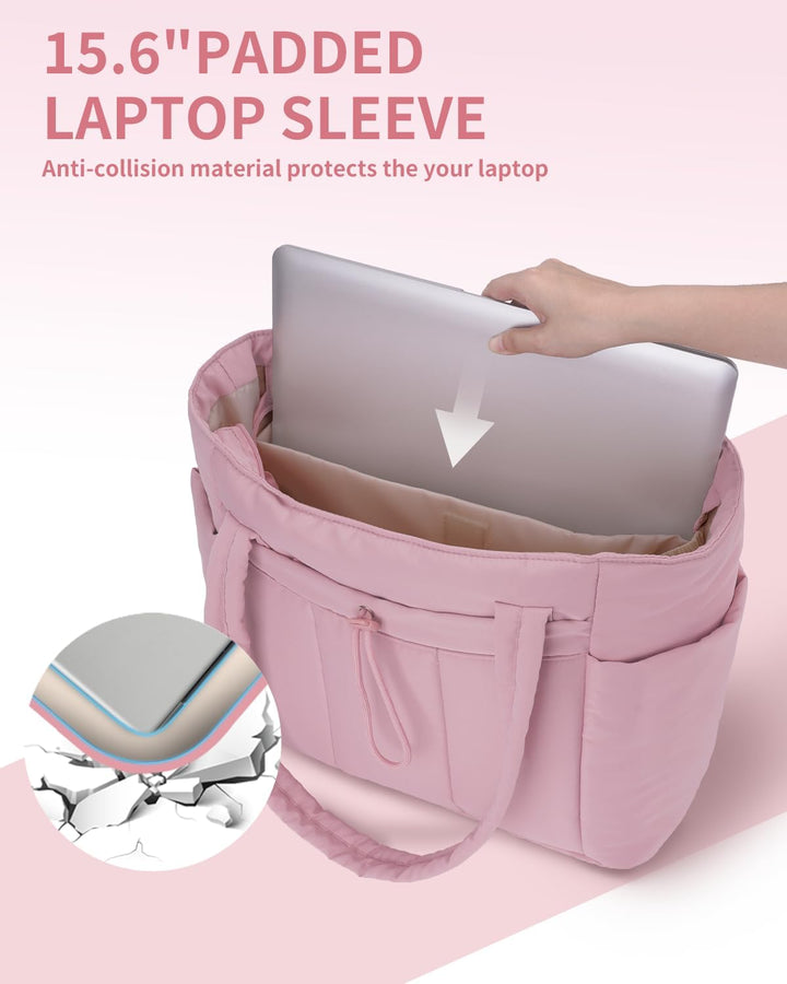 Quilted Puffer Tote with Cup Holder & Laptop Sleeve for Travel and Work
