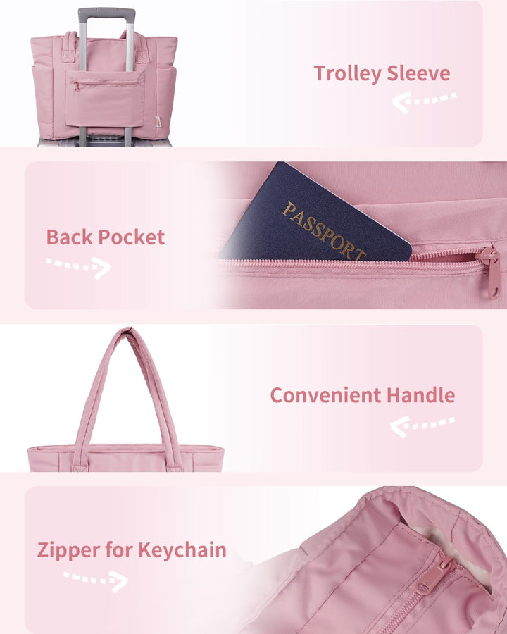 Quilted Puffer Tote with Cup Holder & Laptop Sleeve for Travel and Work