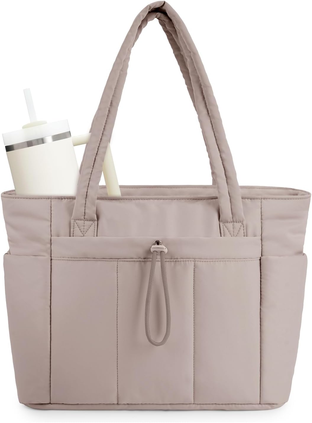 Quilted Puffer Tote with Cup Holder & Laptop Sleeve for Travel and Work