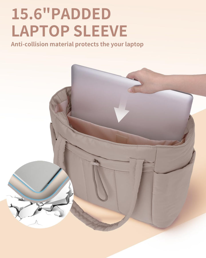 Quilted Puffer Tote with Cup Holder & Laptop Sleeve for Travel and Work