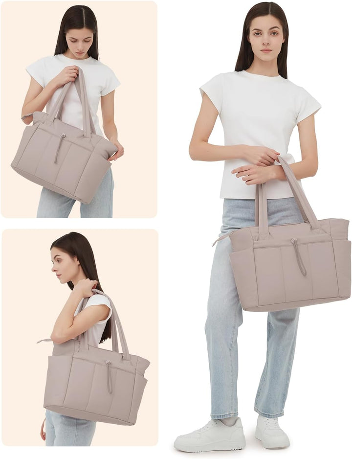 Quilted Puffer Tote with Cup Holder & Laptop Sleeve for Travel and Work