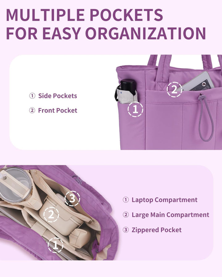Quilted Puffer Tote with Cup Holder & Laptop Sleeve for Travel and Work