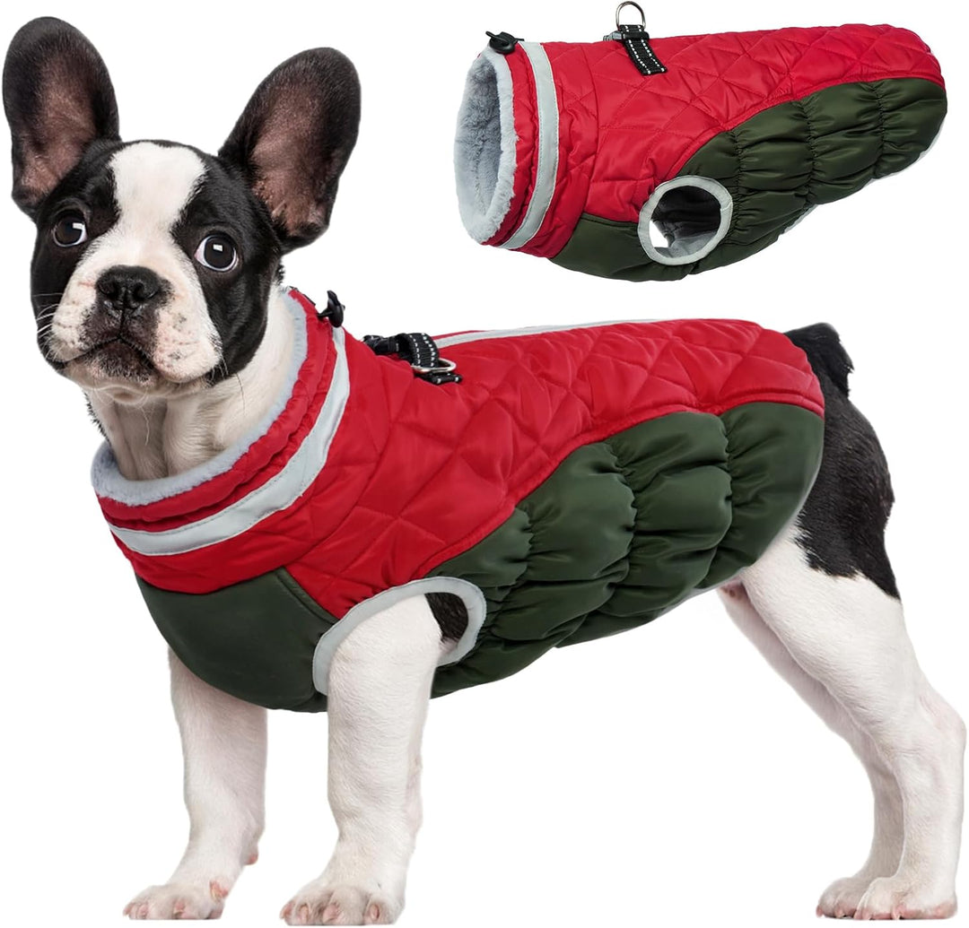 Warm Dog Winter Jacket with Built-in Harness-Red Green-XS-Nora Luxe