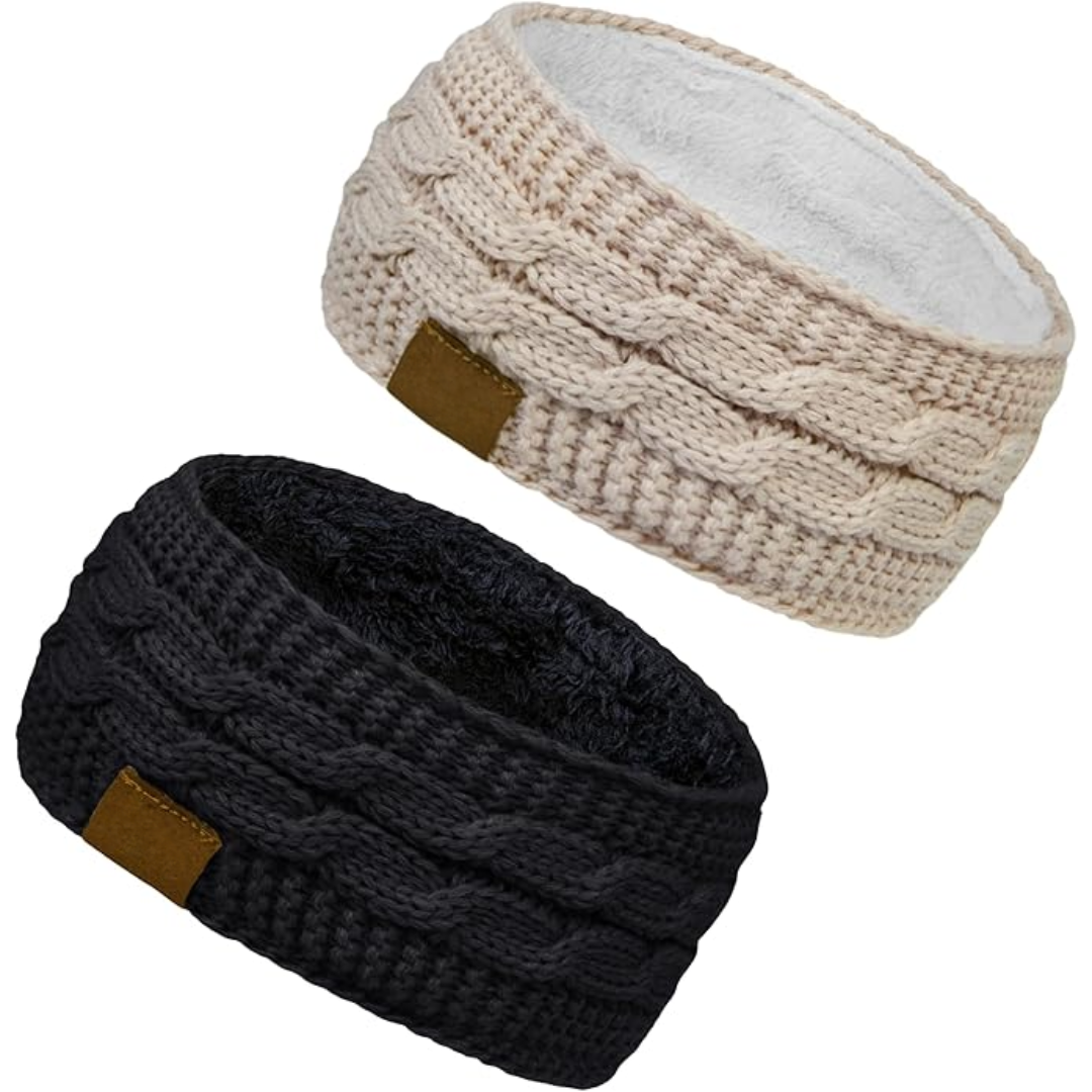 Warm Knitted Ear Warmer Headband with Fleece Lining - Cathryn-Black Beige-Nora Luxe