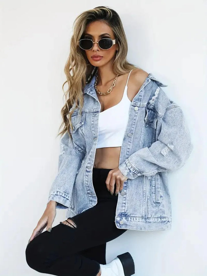 Waterproof & Lined Oversized Women's Denim Jacket with Hood – Talia-Blue-S-Nora Luxe