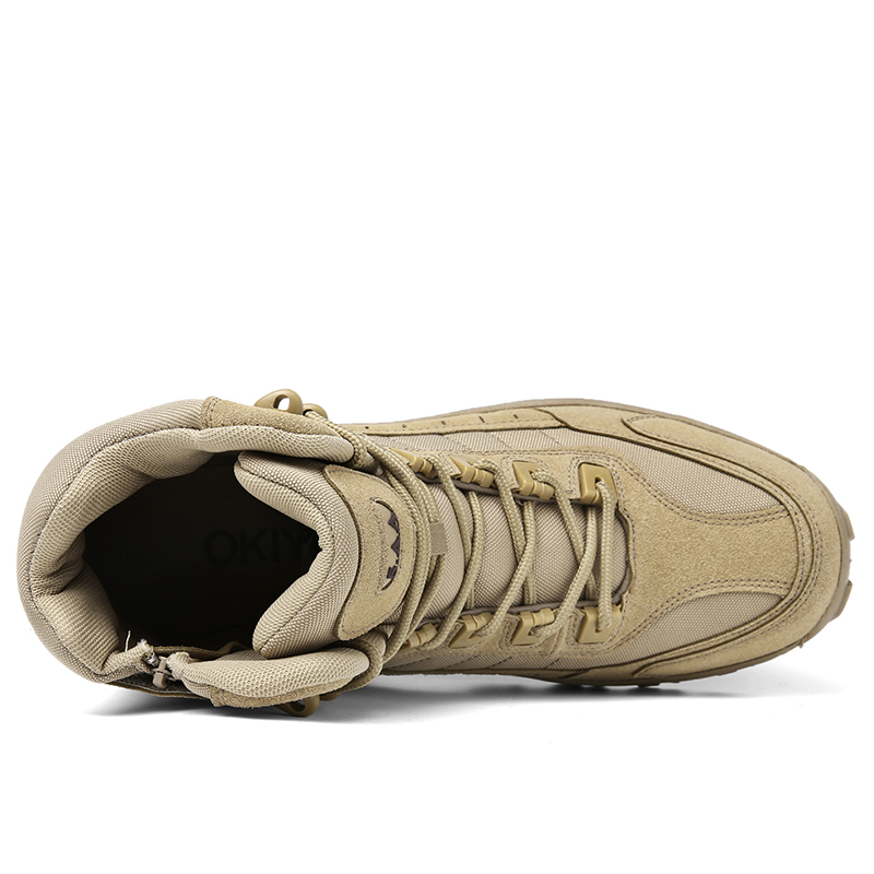 Top-down view of a tan boot showing the padded collar, interior, laces and side zipper 11