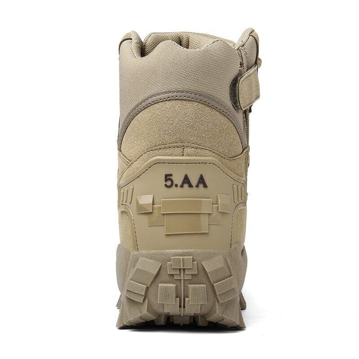 Rear view of sand-colored boot showing heel panel, pull strap, side strap and tread 12