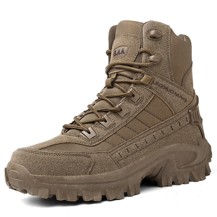 Brown high-top boot on white background, angled to show laces, suede panels and lugged sole 14