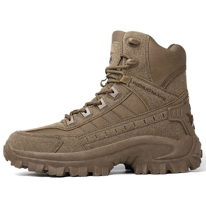 Side profile of a brown high-top lace-up boot with a thick lugged sole and heel guard 15