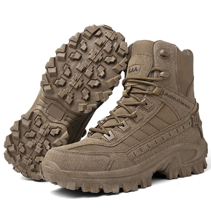 Pair of brown boots on white, one upright and one tilted to show the lugged sole 16
