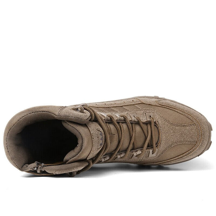 Top-down view of a brown boot showing the padded opening, laces and side zipper 17