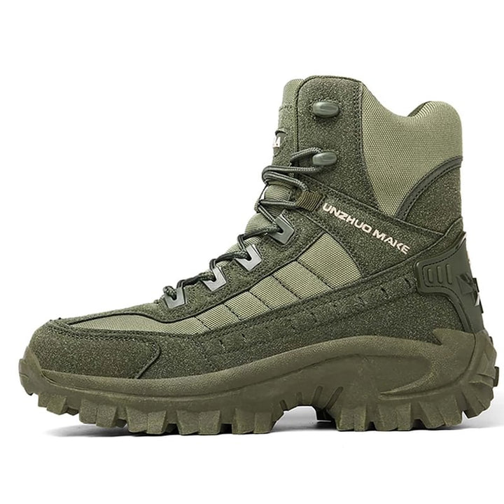 Side profile of an olive green high-top boot on white, showing panels, laces and chunky sole 19