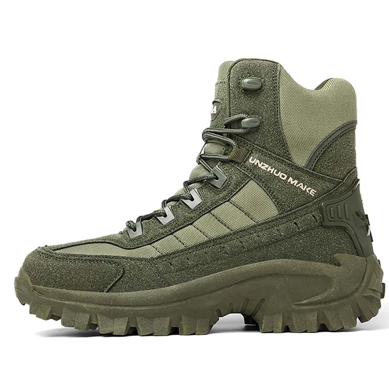 Side profile of an olive green high-top boot with ribbed fabric panels and a heavy lugged sole 19