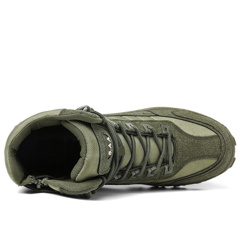 Top-down view of olive green boot showing padded collar, interior lining, side zipper and dark laces 20