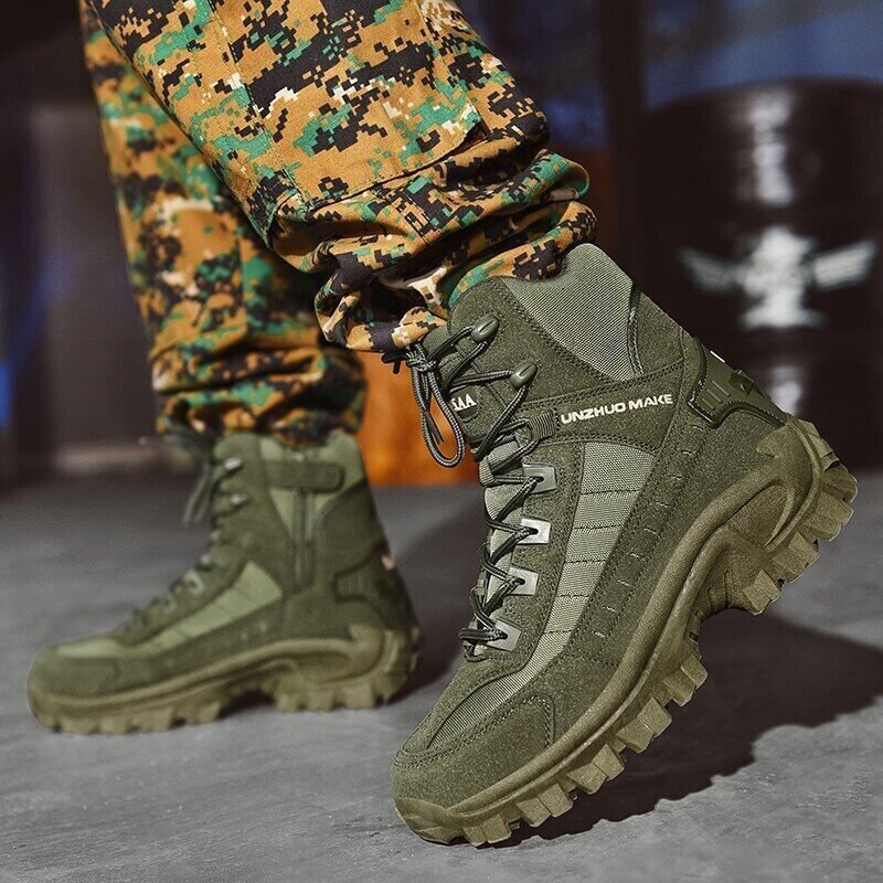 Olive green high-top boots with black laces, worn with pixelated camo pants against a dark industrial background 4